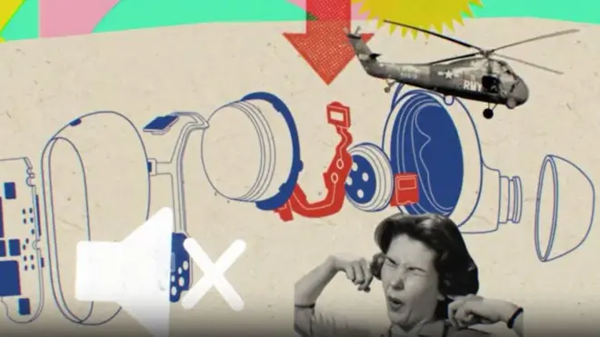 Ilustração de mulher tampando os ouvidos com montagem colorida com helicóptero e partes de objetos