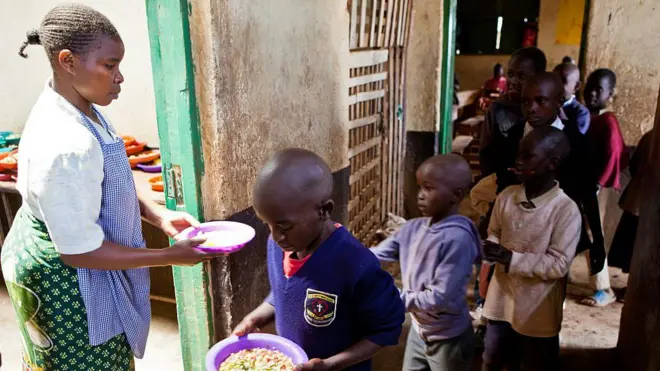 Aworan yii ṣafihan awọn ọmọde akẹkọọ to wa lori ila ti wọn si n gba ounjẹ, obinrin kan to dirun rẹ wẹẹrẹ, gbe abọ ounjẹ kan dani lati fun akẹkọọ to kan. Obinrin naa wọ aṣọ funfun, o fi agbekọ awọn olopo kọrun, o si ro iro alawọ ewe.