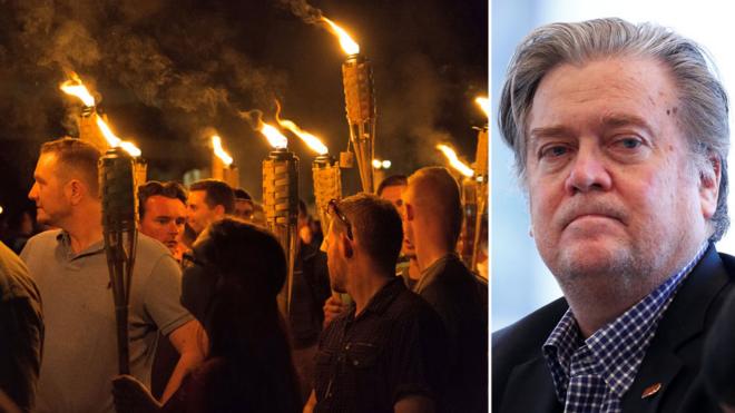 A composite of far-right protesters holding torches at a rally and chief White House strategist Steve Bannon