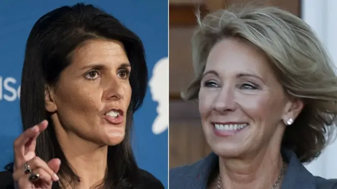 Nikki Haley (trái) và Betsy DeVos đang chờ Quốc hội phê duyệt vai trò mới