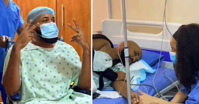 Nigerian singer Banky W for hospital wit im wife beside am
