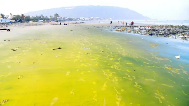 విశాఖలో రంగులు మార్చిన సముద్రం 