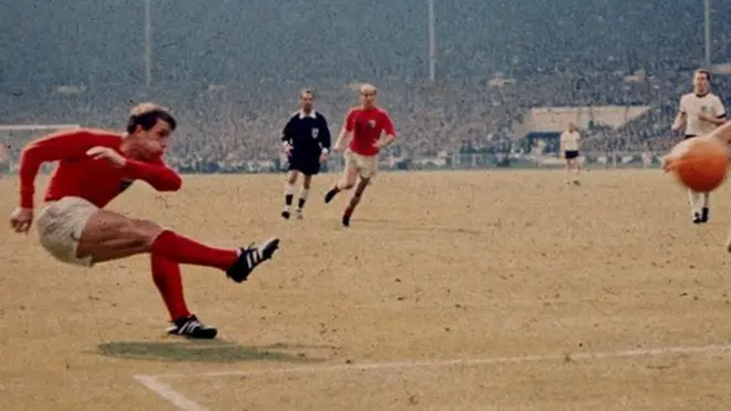 Geoff Hurst scores England's third goal against West Germany in the World Cup final at Wembley Stadium