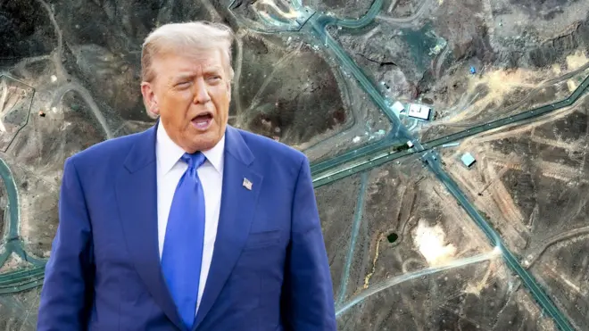 特朗普（右）與被空襲的伊朗福爾多核設施