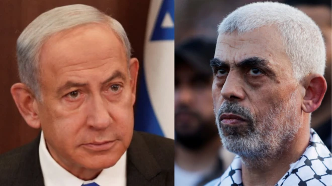 इसराइली प्रधानमंत्री बिन्यामिन नेतन्याहू और हमास नेता याह्या सिनवार (दाएं)