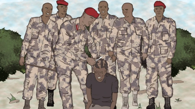 sketch of soldiers shaving off an afro