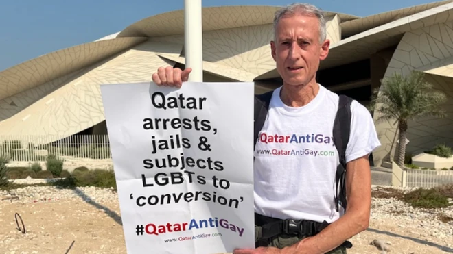 Mr Tatchell staged the one-man protest ahead of Qatar hosting the 2022 World Cup