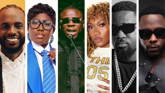 Collage foto of Black Sherif, Stonebwoy, Wendy Shay, Sarkodie, Medikal and Hamilton