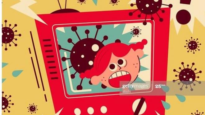 Healthcare and medicine vector art illustration. Coronavirus news arouses much fear, girl screaming on TV