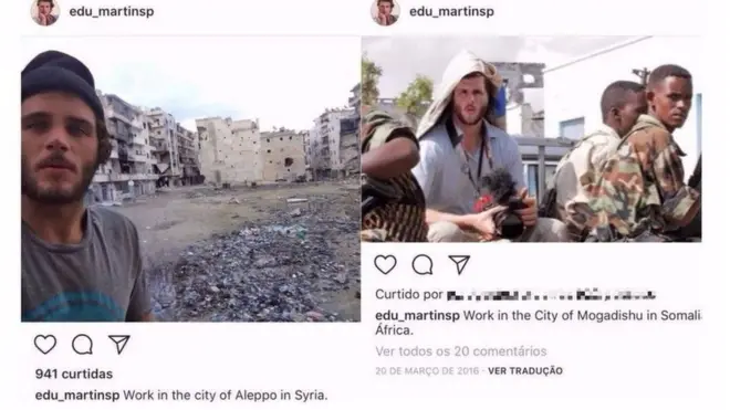 Melakukan penipuan dengan photoshop, pelaku dengan nama alias Eduardo Martins mencuri identitas seorang peselancar Inggris dan menempelkannya ke foto suasana konflik di Timur Tengah.