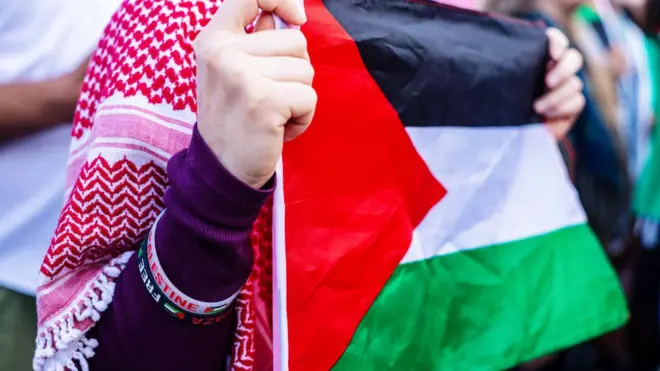 پرچم فلسطین در دست یک تظاهرکننده