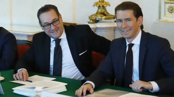 Representante da extrema-direita, Heinz-Christian Strache (à esq.), do FPÖ (Partido da Liberdade), firmou pacto com o chanceler Sebastian Kurz (dir) para participar do governo austríaco