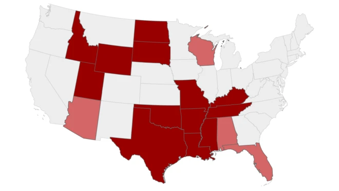 Mapa estados Estados Unidos con leyes gatillo, de activación o desencadenantes para restringir el aborto.