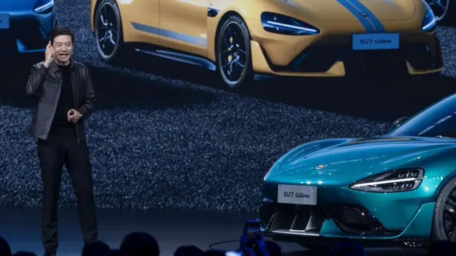 Founder, Chairman and CEO of Xiaomi Group Lei Jun speaks during the launch of the electric car Xiaomi SU7 Ultra in Beijing, China, 27 February 2025.