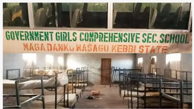 Aworan orukọ ile ẹkọ naa ati awọn ibusun to ṣofo lẹyin ikọlu ati ijinigbe, awọn apamọwọ kan naa wa nilẹẹlẹ pẹlu.