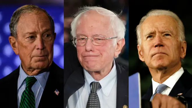 montagem com bloomberg, sanders e biden
