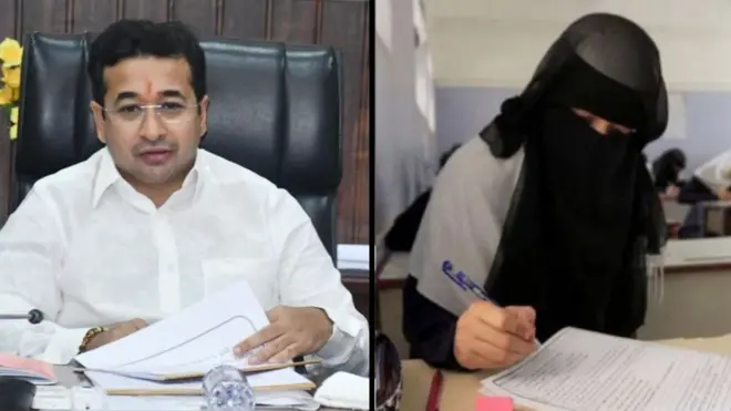 नितेश राणे आणि परीक्षा देणारी विद्यार्थिनी