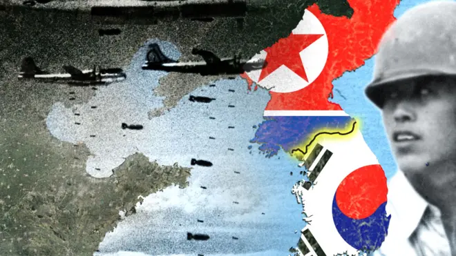 Imagem composta com soldado, aviões de guerra lançando bombas e o mapa estilizado das Coreias com as bandeiras dos dois países