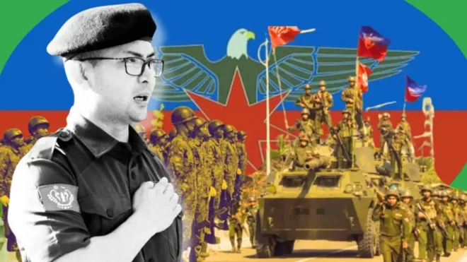 အေအေအလံနောက်ခံမှာ အဖြူအမဲနဲ့ ဗိုလ်ချုပ်ထွန်းမြတ်နိုင်ပုံ၊ တင့်ကားနဲ့ အေအေစစ်သည်တွေပုံ ဂရပ်ဖစ်