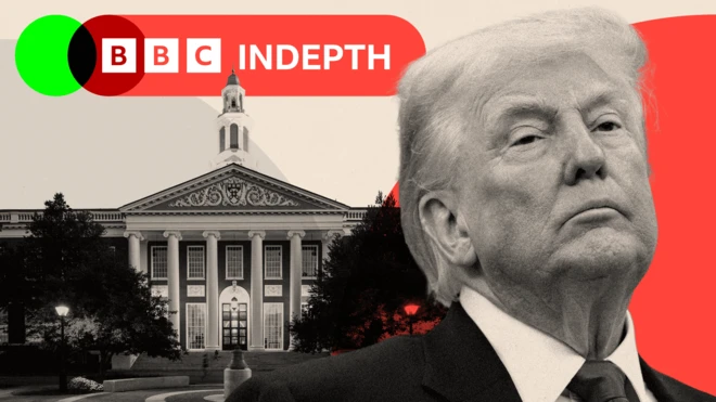 Une image traitée de Donald Trump à côté de l'université de Harvard.