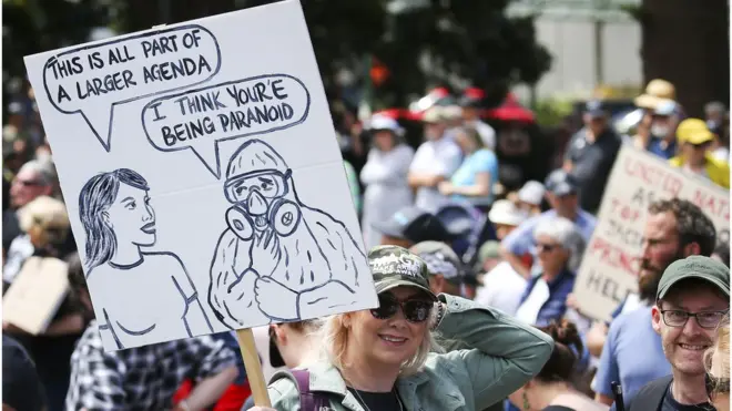 Anti-lockdown protester in New Zealand holds up a banner saying it's all part of a larger agenda