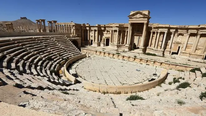 The pillared facade of the Roman amphitheatre has been destroyed, official said