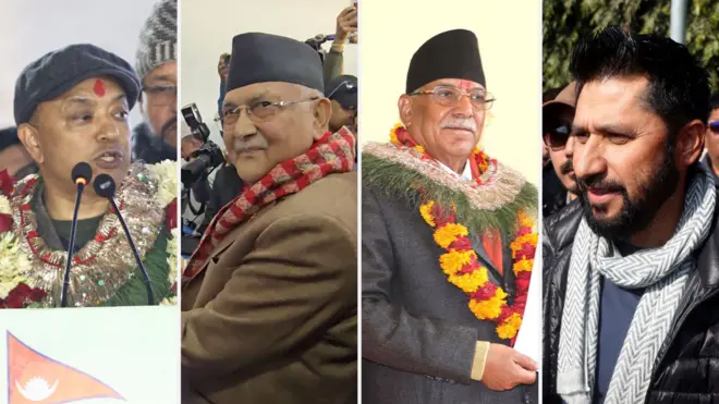 बायाँबाट क्रमशः नेपाली कांग्रेसका गगन थापा, नेकपा एमालेका केपी शर्मा ओली, नेपाली कम्युनिस्ट पार्टीका पुष्पकमल दाहाल प्रचण्ड र राष्ट्रिय स्वतन्त्र पार्टीका रवि लामिछाने