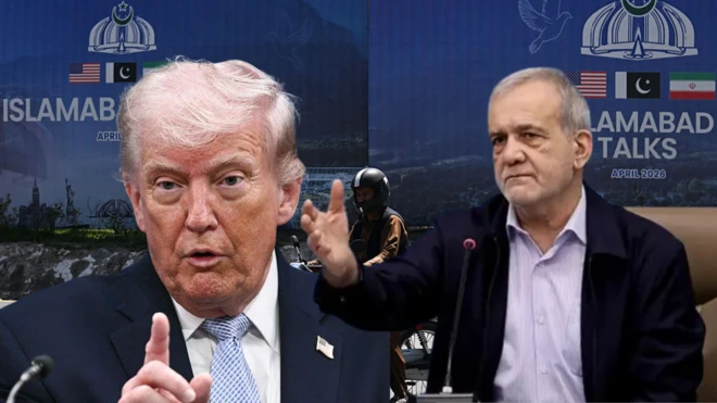 Trump pointing hand, Iran president stretch im hand