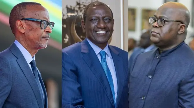 Ifoto itunganyije ya Perezida William Ruto hagati ya Paul Kagame na Felix Tshisekedi wa DR Congo