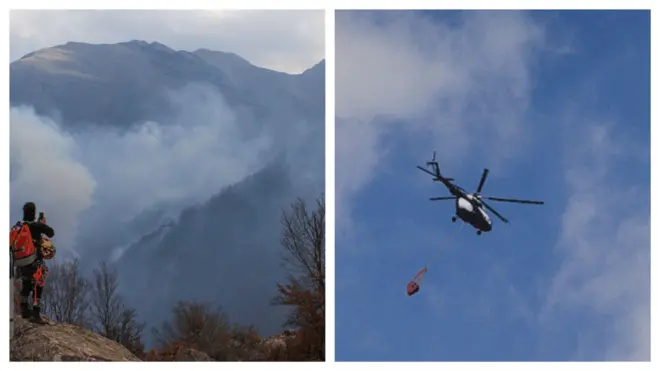 یک بالگرد در حال اطفای حریق و یک کوهنورد در حال عکاسی از آتشسوزی جنگلها