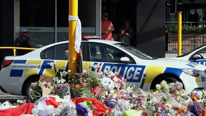 Flowers in Christchurch after the shootngs in March 2019