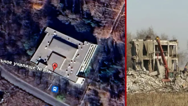 Здание ПТУ в Макеевке до и после удара ВСУ.