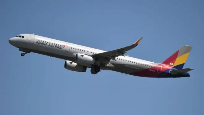 A 2020 picture of an Asiana Airlines aircraft taking off at an airport in Seoul