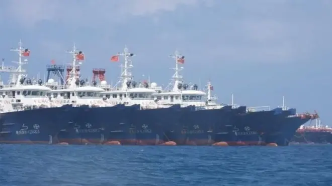 Chinese vessels moored at Whitsun Reef in the disputed South China Sea, 7 March 2021