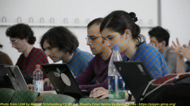 The colours of the grid seem to be "taking over" the black and white image