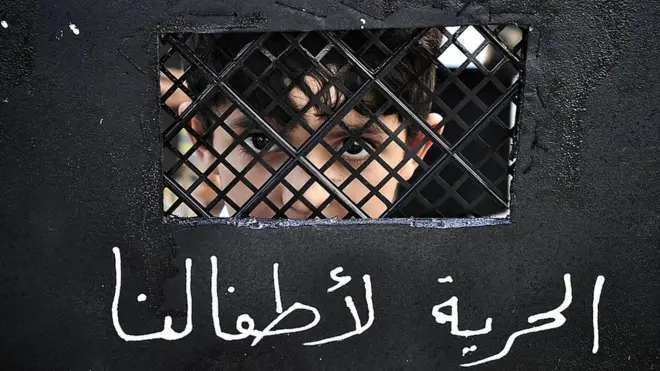 Seorang anak laki-laki Bahrain memegang plakat yang menggambarkan jeruji penjara.