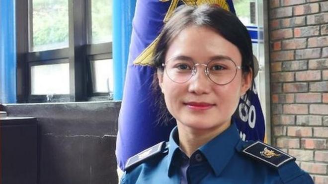 Kim Hana a Nepali police officer in South Korea wearing her uniform