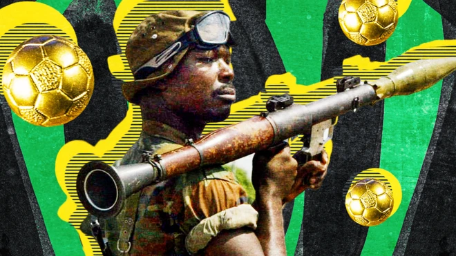 A colourful graphic of a soldier with a rocket launcher surrounded by golden footballs