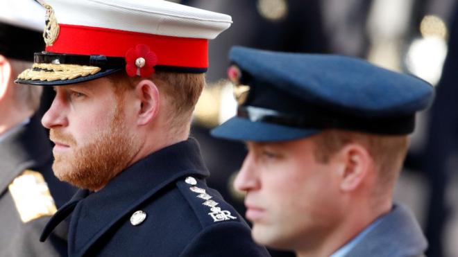 英国剑桥公爵威廉王子（右）与萨塞克斯公爵哈里王子（左）身穿军服在伦敦出席和平纪念日仪式（10/11/2019）