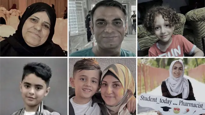 Composite image showing family album photos of Palestinians killed in the bombings in Gaza
