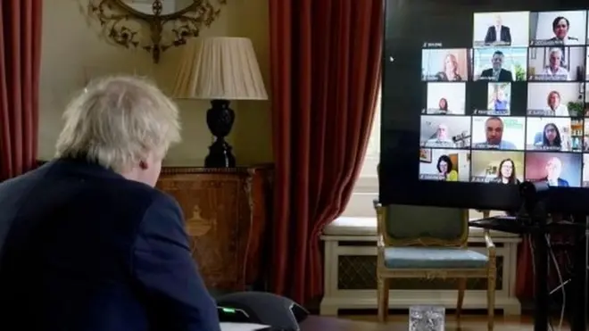 Perdana Menteri Inggris, Boris Johnson, menggelar pertemuan virtual dalam Lokakarya Hidden Harms Summit, melalui aplikasi Zoom, 21 Mei lalu.