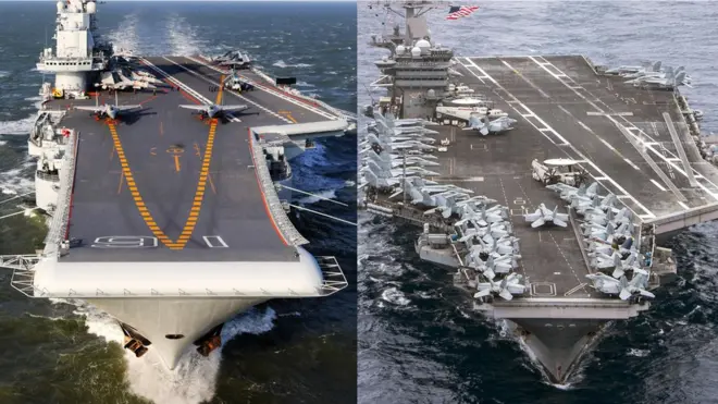 中國的「遼寧號」（左）和美國的「卡爾文森」號航母（右）。專家認為，中美在南海互不相讓，未來發生實質性摩擦的可能性很大。