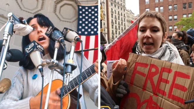 On the left, the singer Joan Baez at a Vietnam War protest in1968; on the right, a pro-Palestinian protester a few days ago in New York
