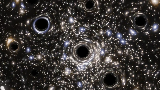 ภาพจากฝีมือศิลปินแสดงให้เห็น "ฝูงหลุมดำ" ขณะเคลื่อนตัวผ่านกระจุกดาวทรงกลม NGC 6397