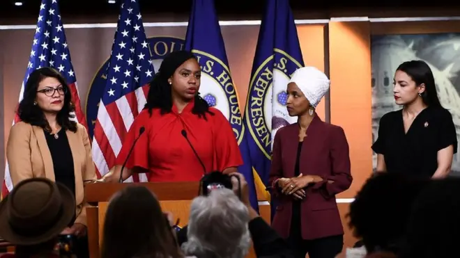 Rashida Tlaib, Ayanna Pressley, Ilhan Omar and ALexandria Ocasio-Cortez responded to the atacks at a press conference on Monday