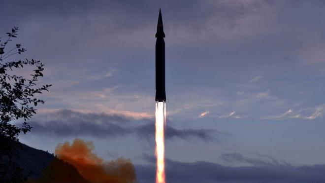 The Hwasong-8 missile firing into the sky in North Korea, according to state media