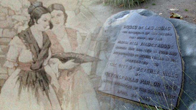 Una reproducción del mural "Rodeo de las Aguas" y de una placa en conmemoración a María Rita Valdez en Beverly Hills