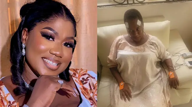 Oṣere Bisola Badmus wọ aṣọ to rẹwa, o si rẹrin muṣẹ, o wọ aṣọ kan nile iwosan nigba to n gba itọju lọwọ