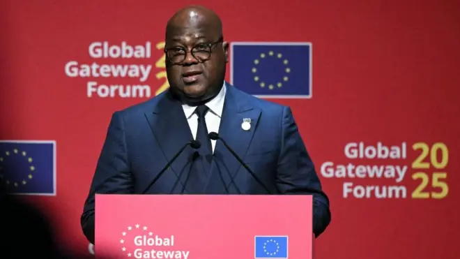 Prezida Felix Tshisekedi ariko arashikiriza ijambo mu nama ya Global Gateway Forum i Bruxelles ku wa 09 Gitugutu