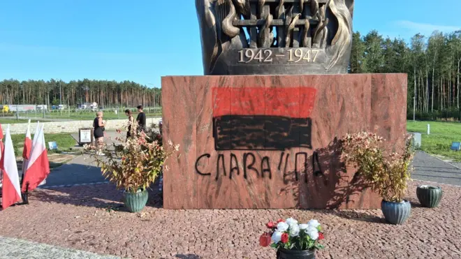 Пам’ятник із датами "1942–1947". На плиті памʼятника фарбою намальований червоно-чорний прапор. Ліворуч видно кілька польських прапорів і квіти